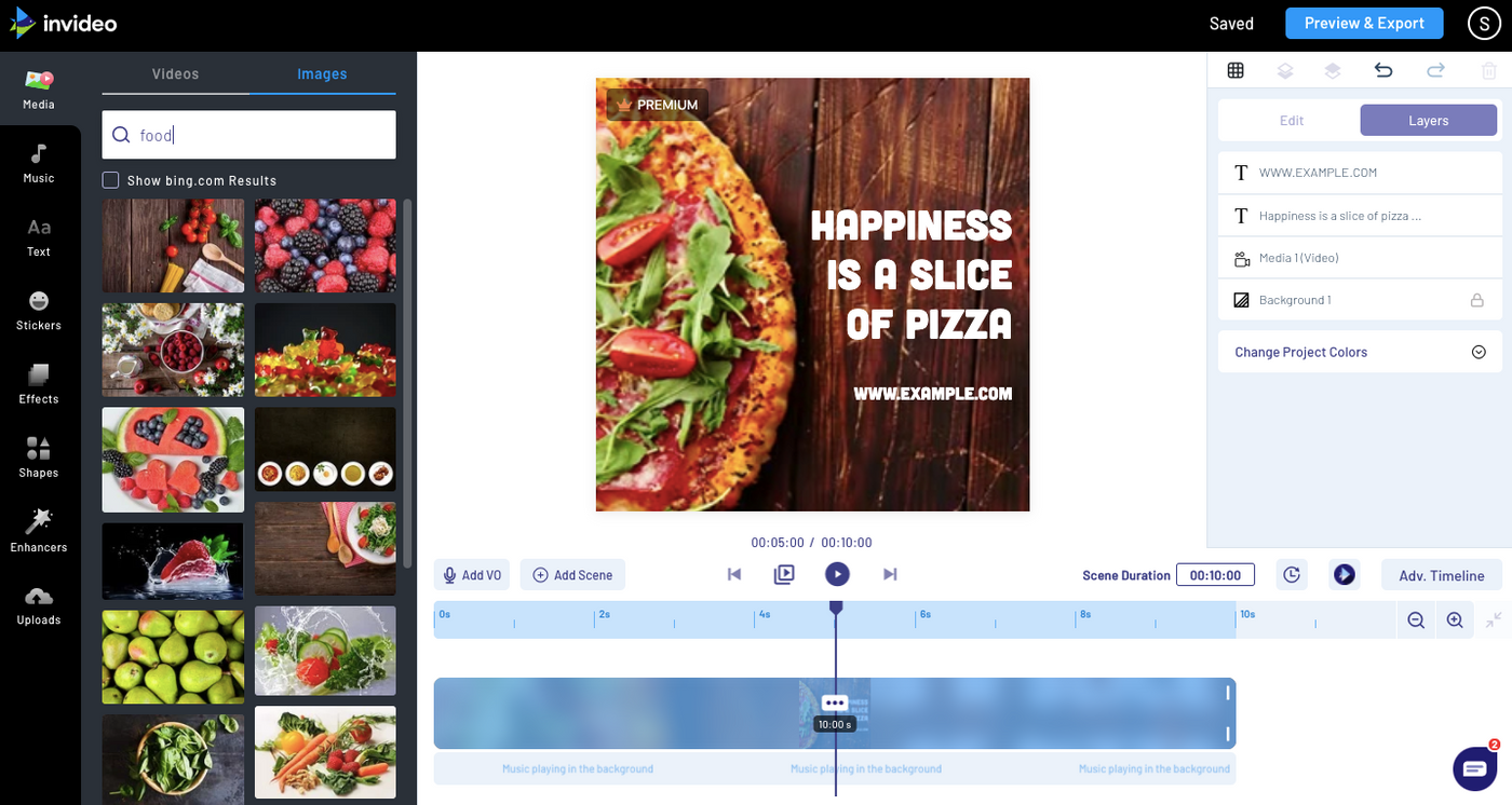 Pantalla del editor de InVideo con el editor de videos abierto con la imagen de una pizza
