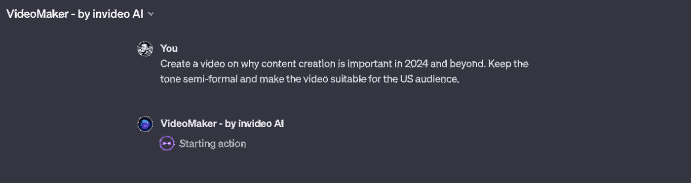 VideoMaker by Invideo AI interface generating a video about the importance of content creation in 2024.
