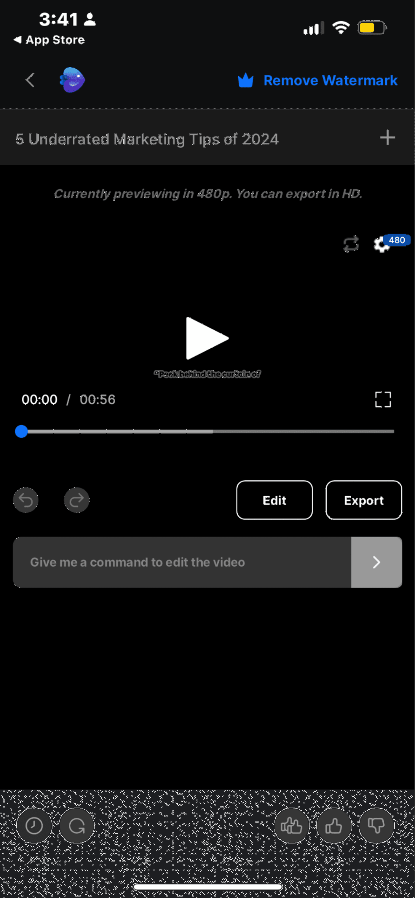 Preview screen of a video project titled 5 Underrated Marketing Tips of 2024 with export options.