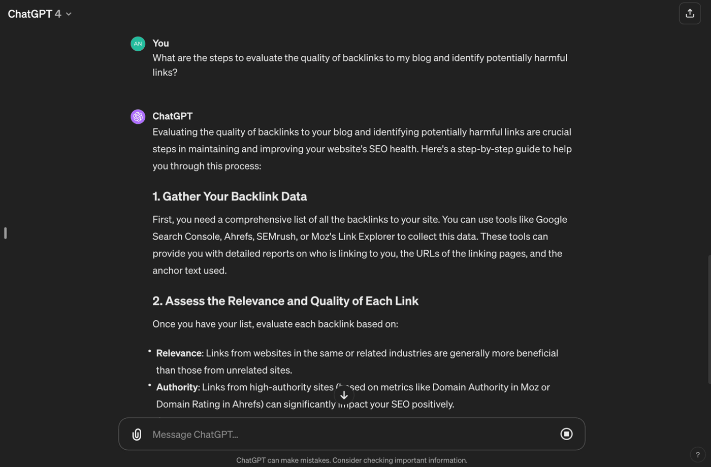 ChatGPT explains backlink evaluation steps: gather data, assess link relevance, authority, and identify harmful links.