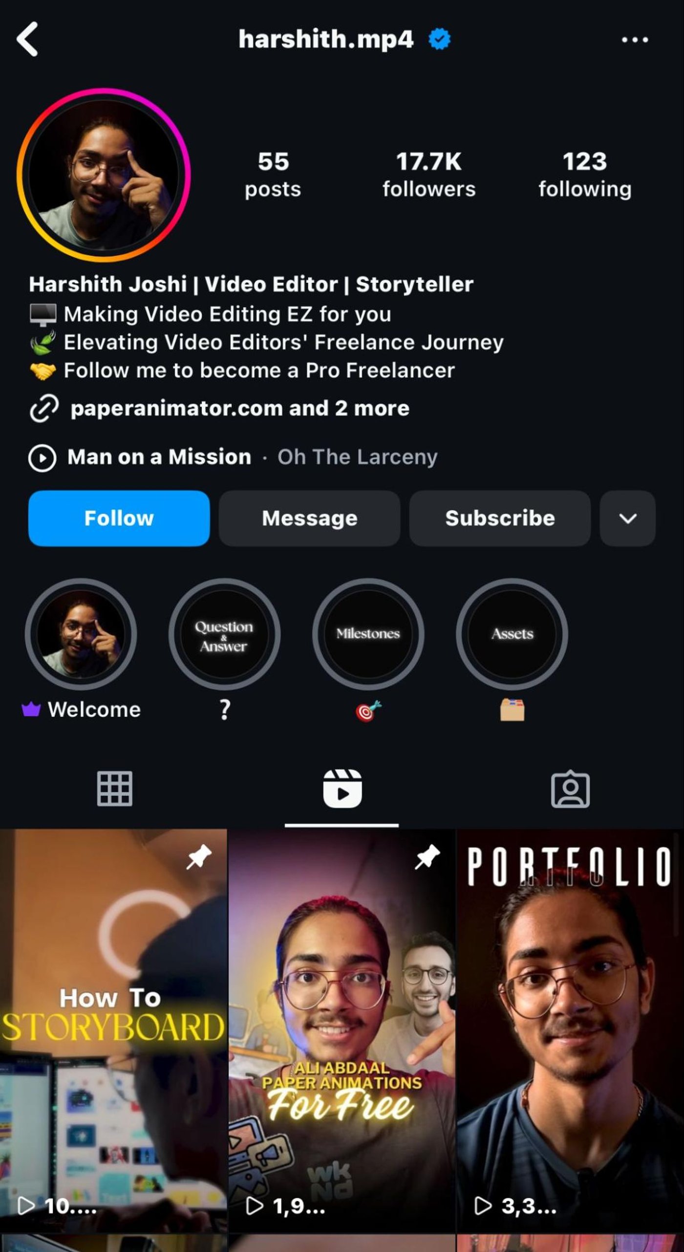Instagram profile of Harshith Joshi, a video editor and storyteller with 17.7k followers.