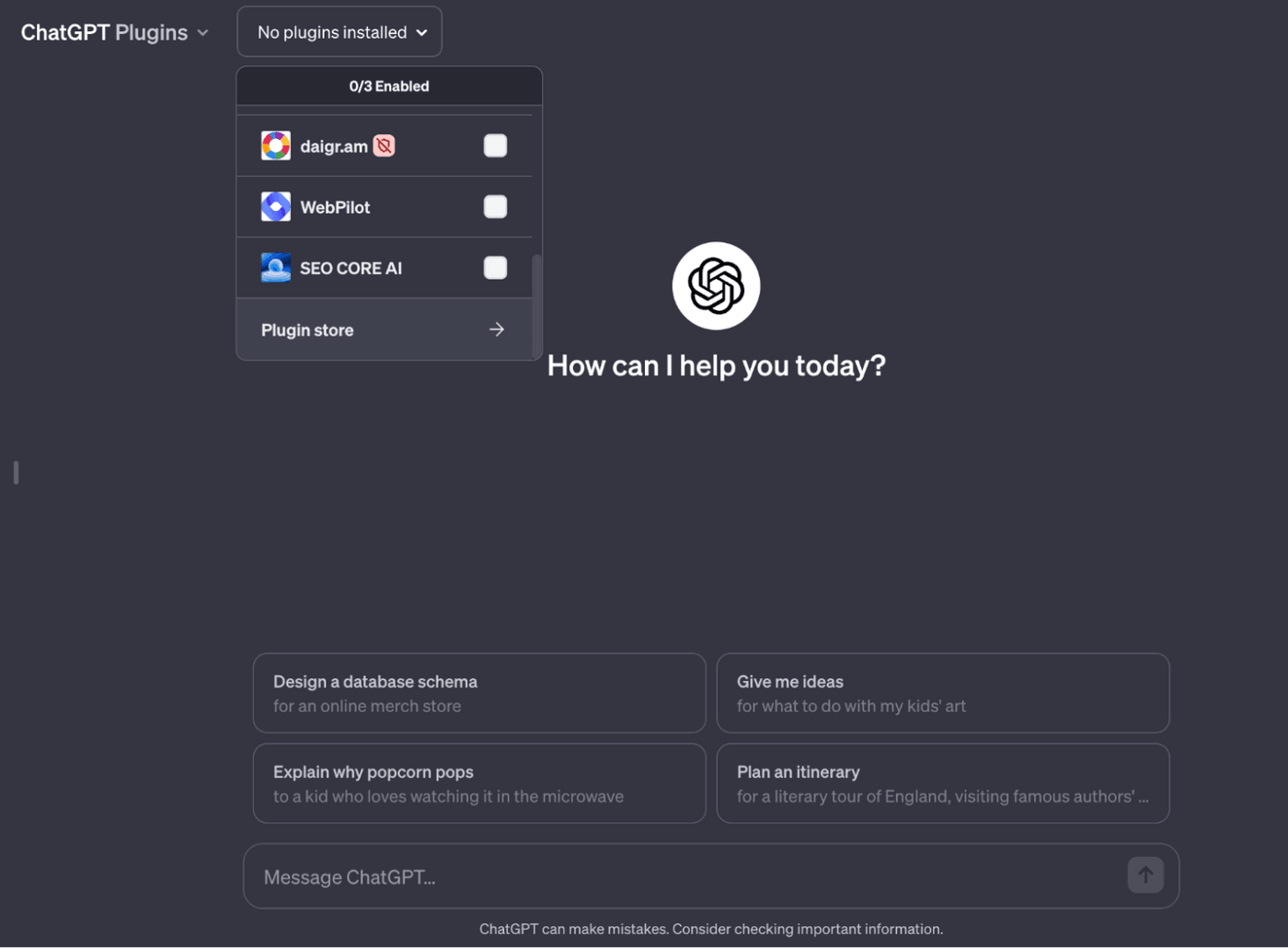 ChatGPT interface with plugins menu open, showing available plugins, no plugins enabled, and plugin store.