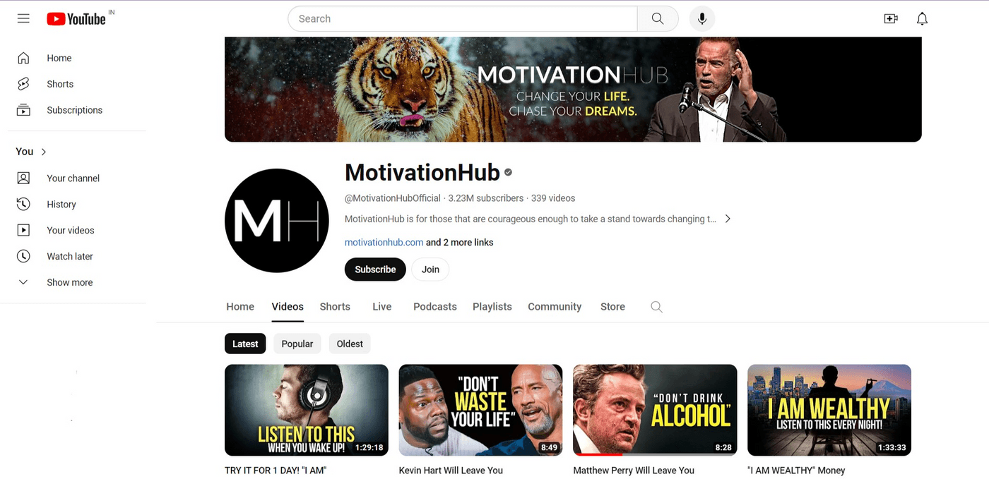 YouTube channel page of MotivationHub, showcasing motivational videos, subscriber count, and latest video uploads.