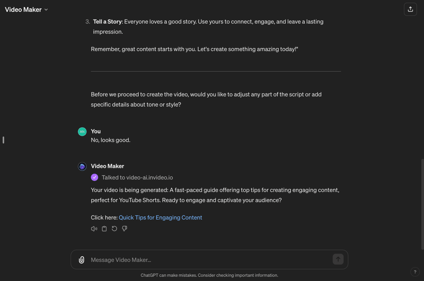 AI video maker finalizing script approval and generating a YouTube Shorts video on content engagement tips.