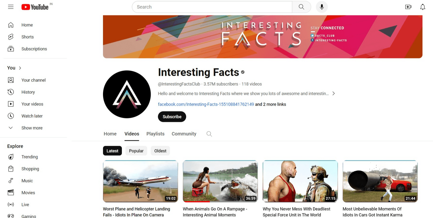 YouTube channel page of Interesting Facts, showing videos, subscriber count, and recent uploads on various topics.
