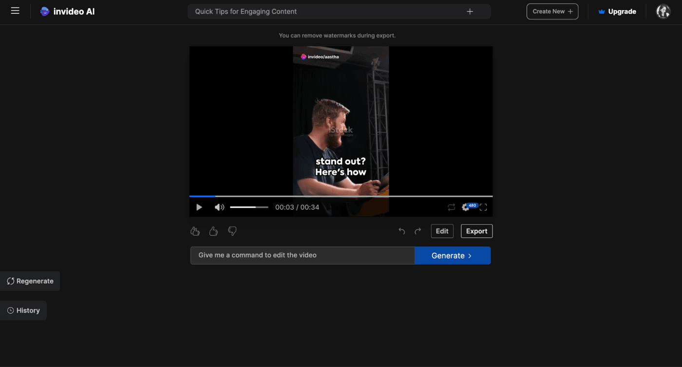 Invideo AI interface previewing a 34-second YouTube Shorts video with editing and export options available.