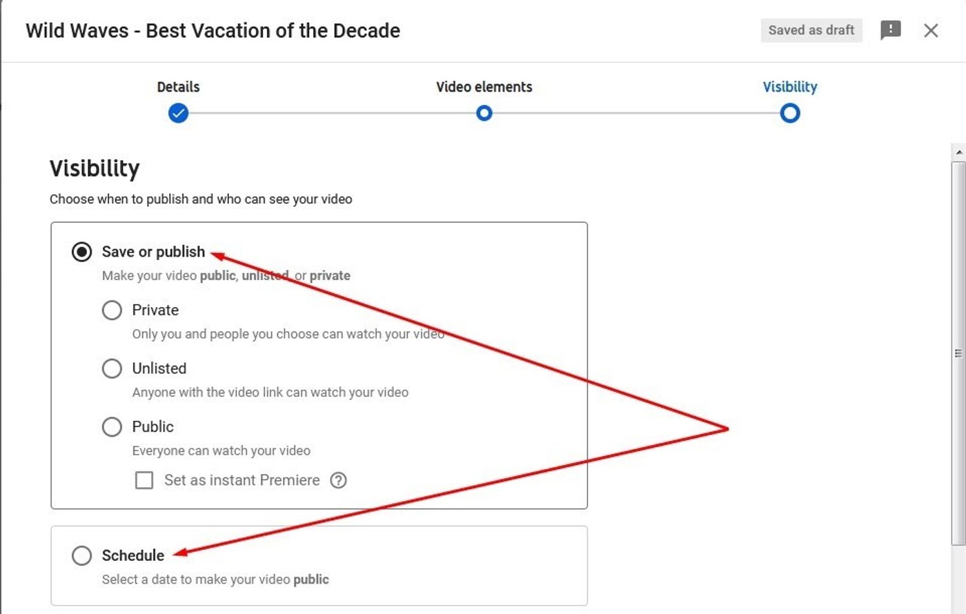 Configurações de visibilidade para envio de vídeo do YouTube