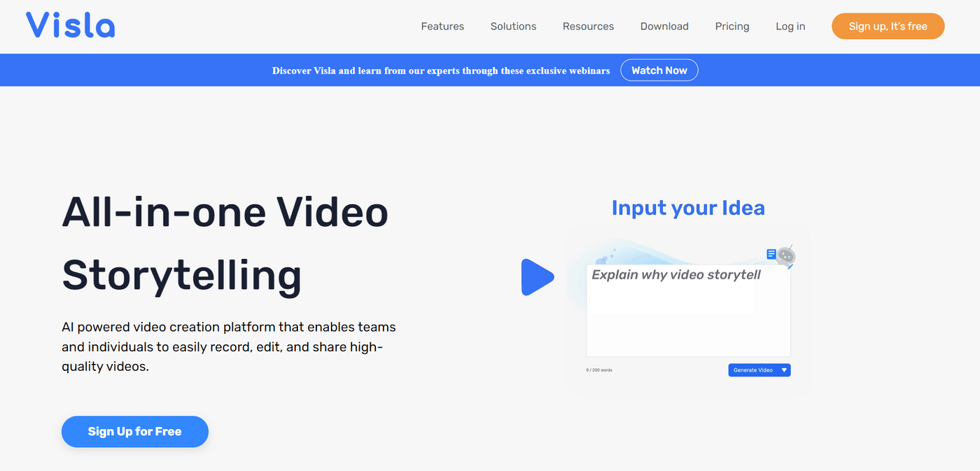 Visla platform offers AI-powered video storytelling for seamless recording, editing, and sharing.
