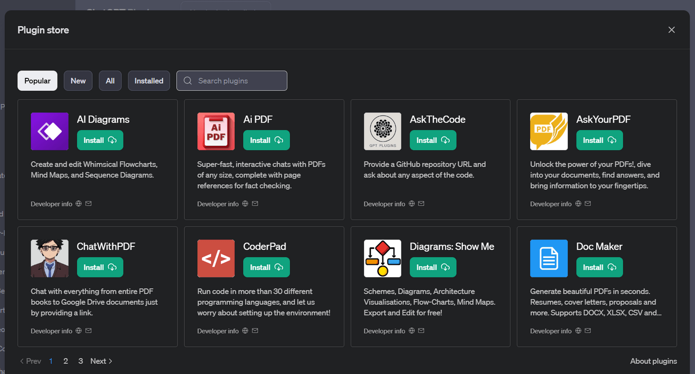 Plugin store interface displaying various plugins like AI Diagrams, AI PDF, AskTheCode, and AskYourPDF.
