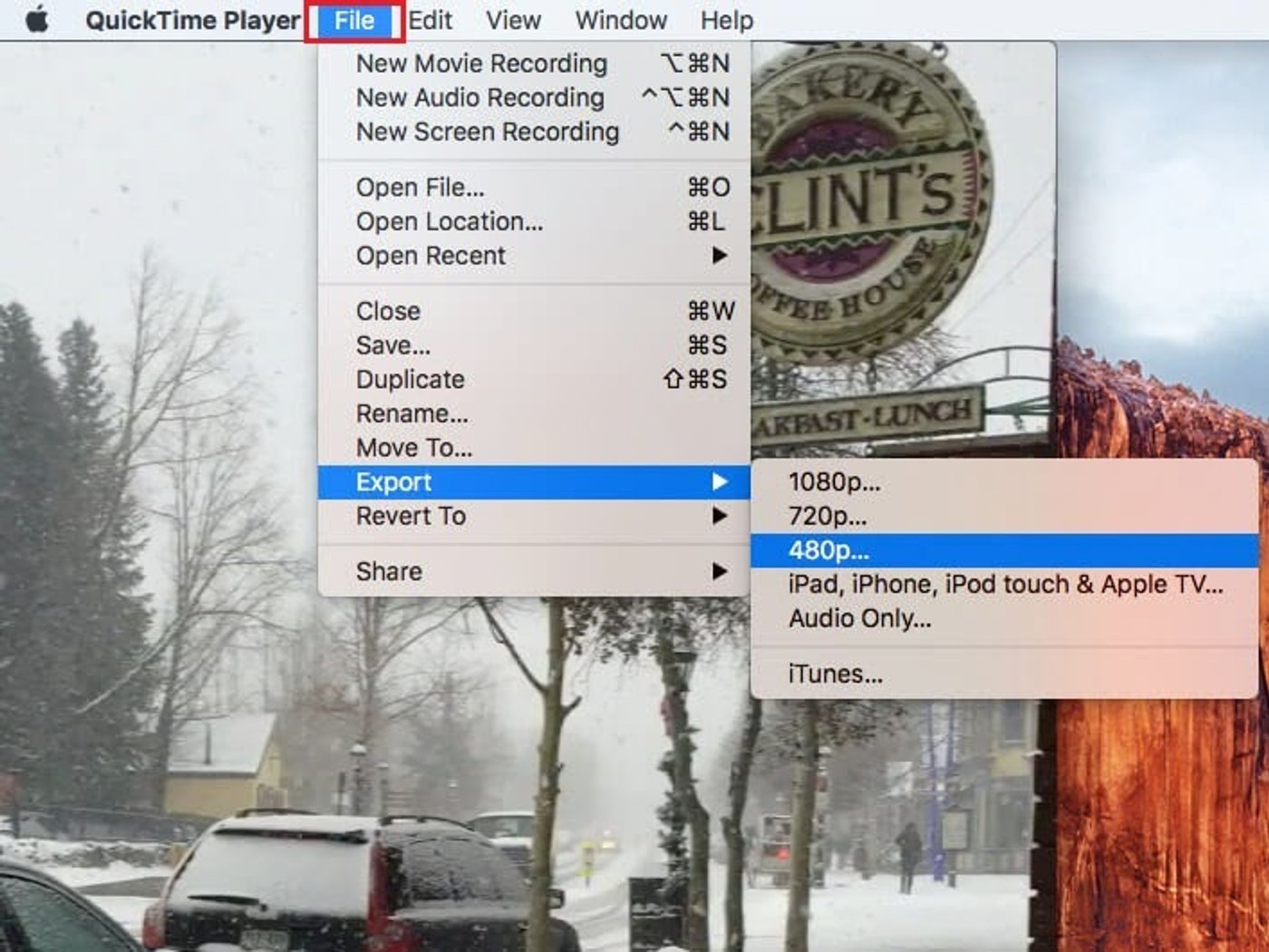 Tela do QuickTime do macbook para abrir um arquivo de vídeo