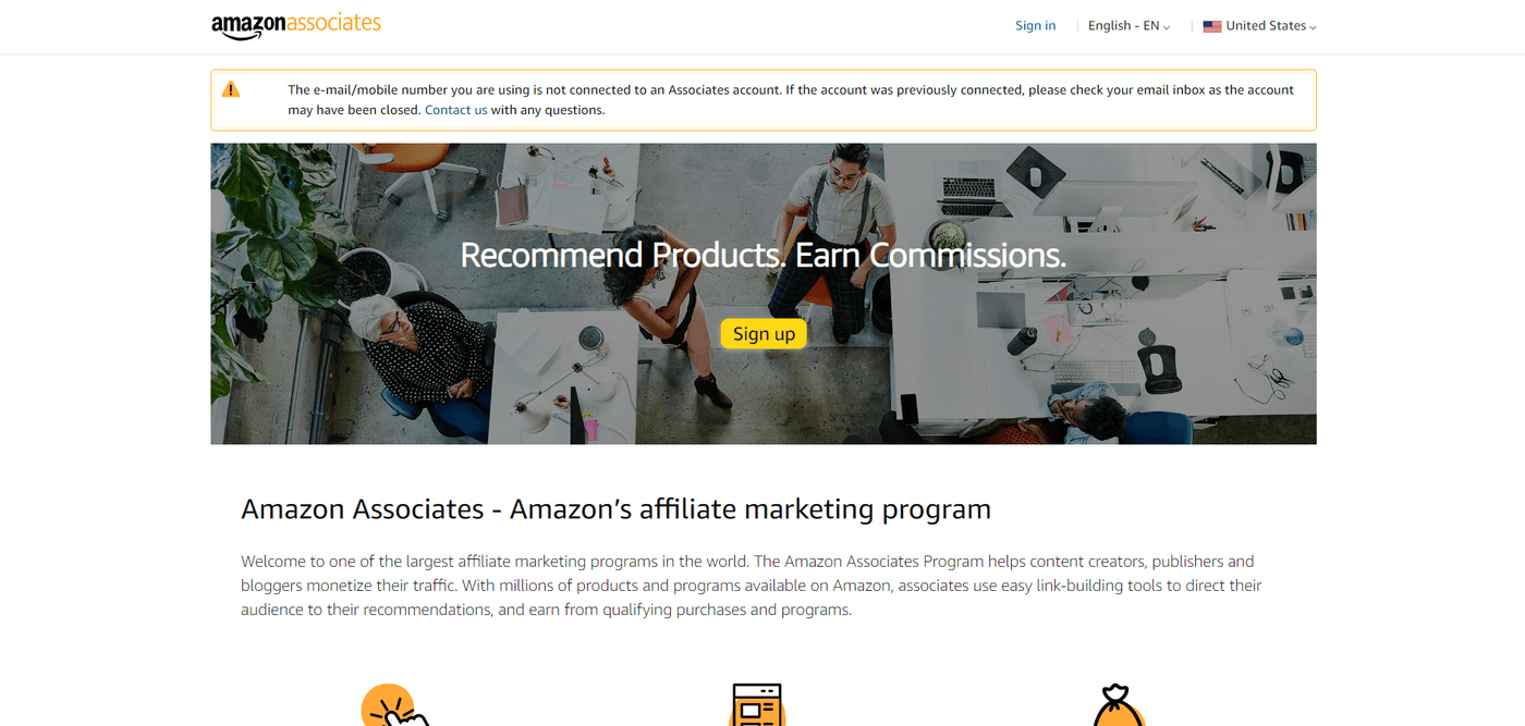 Amazon Associates homepage highlighting how to earn commissions by recommending products through affiliate links.