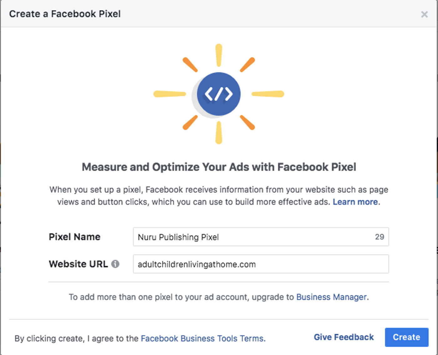 Tela do Gerenciador de eventos do facebook: passo 1 para criar um pixel, criando um nome para o pixel do facebok