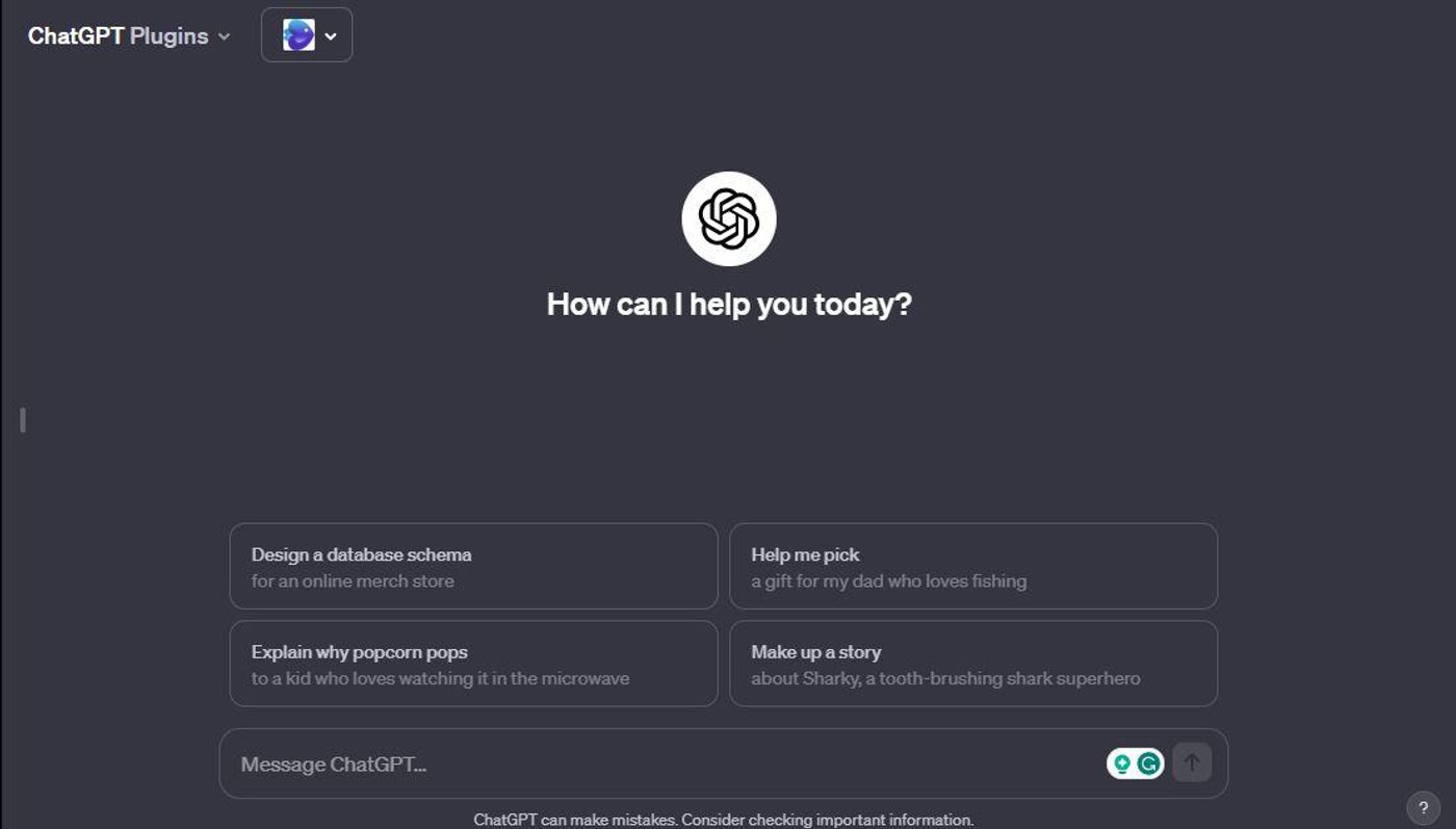 ChatGPT Plugins interface showing options like 'Design a database schema' and 'Explain why popcorn pops.