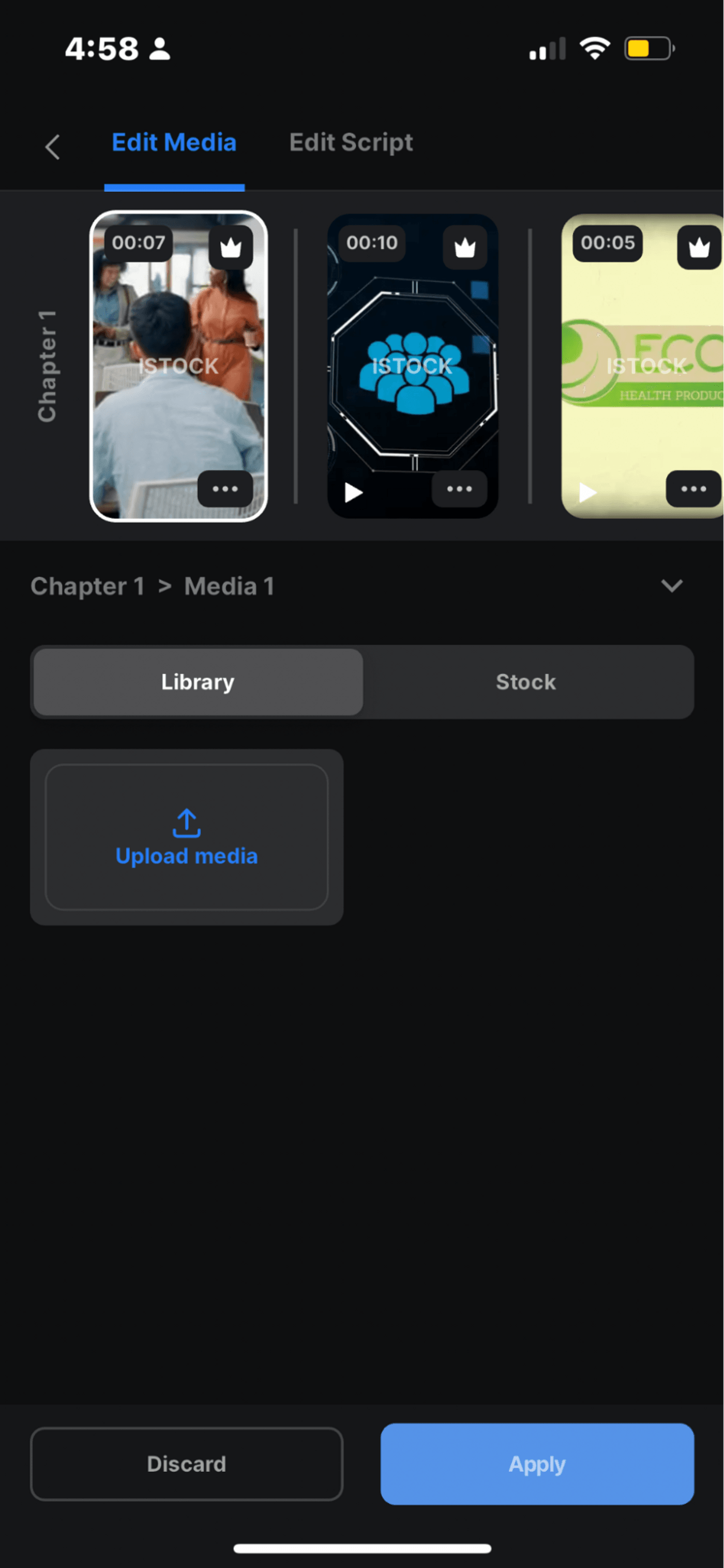 Video editing interface showing stock clips, an upload media option, and edit and apply buttons.