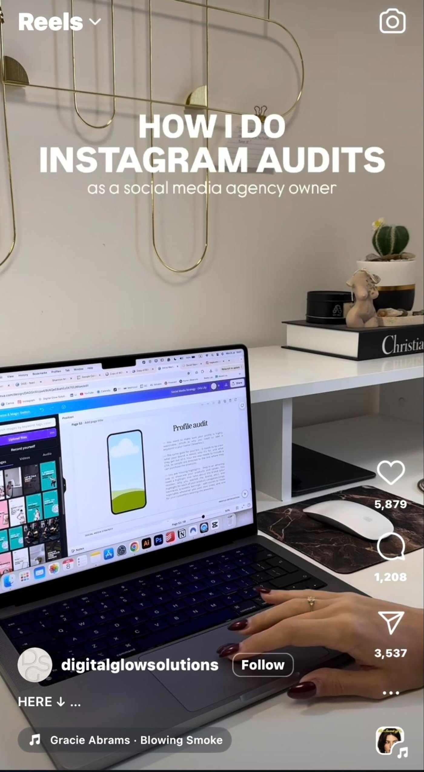 Desk setup with a laptop displaying a profile audit, showing Instagram audit strategies.