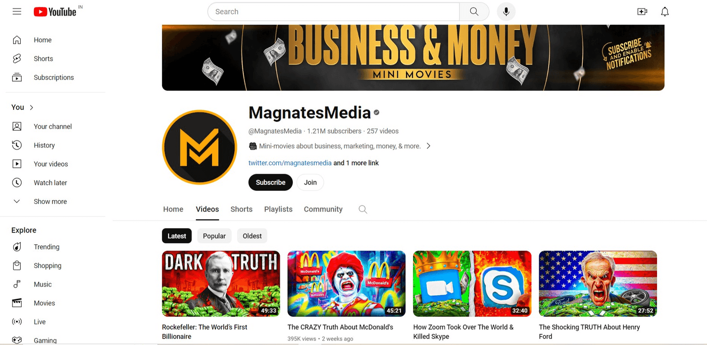 YouTube channel page of MagnatesMedia, featuring videos about business, marketing, and money.