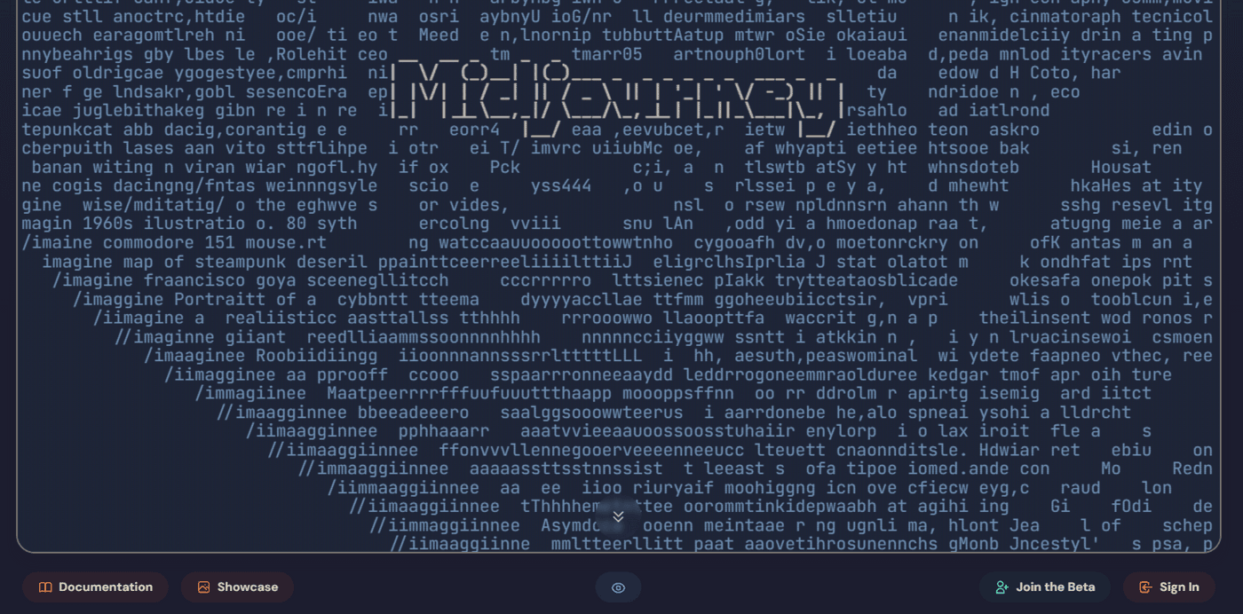 ASCII art of Midjourney logo with AI image generation prompts around.