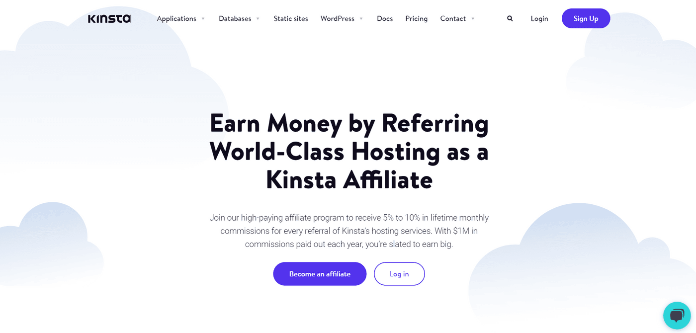 Kinsta affiliate program page offering 5% to 10% lifetime commissions for referring hosting services.
