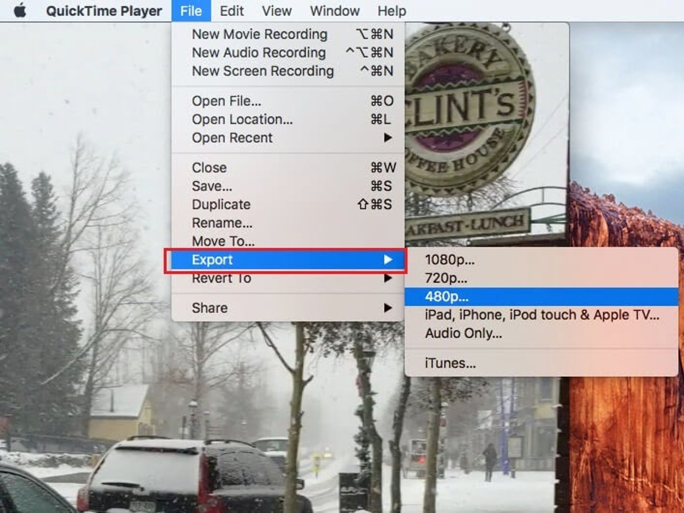 Pantalla del QuickTime del Macbook para elegir el formato de video