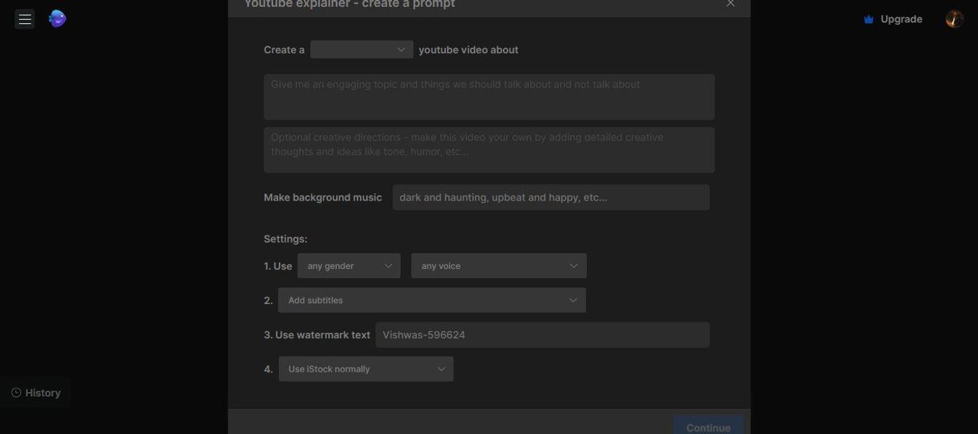 Video creation interface allowing script input, music selection, and customization options for video generation.