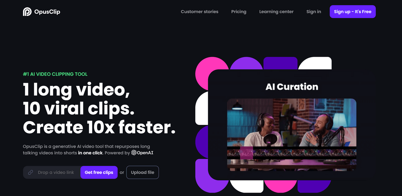 OpusClip AI tool homepage creates viral clips from long videos quickly.