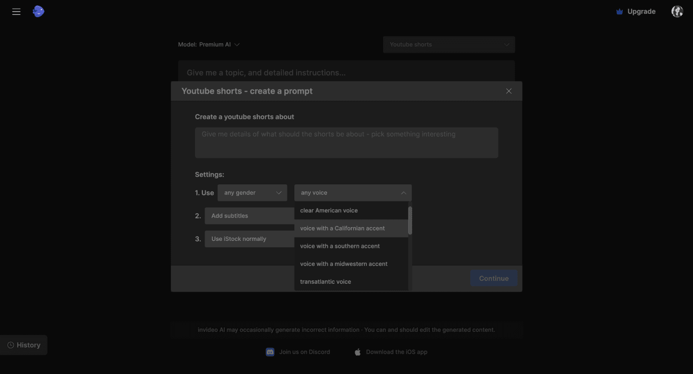 Create YouTube Shorts prompt with voice options in the settings panel with invideo AI.