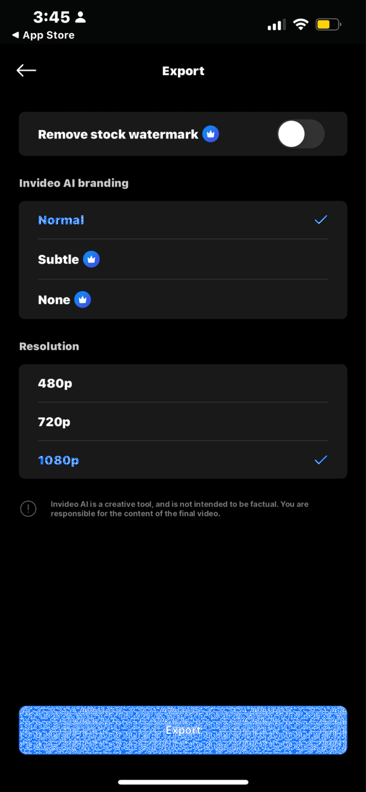 Export screen with options to remove watermark, select branding style, resolution (480p to 1080p), and export.