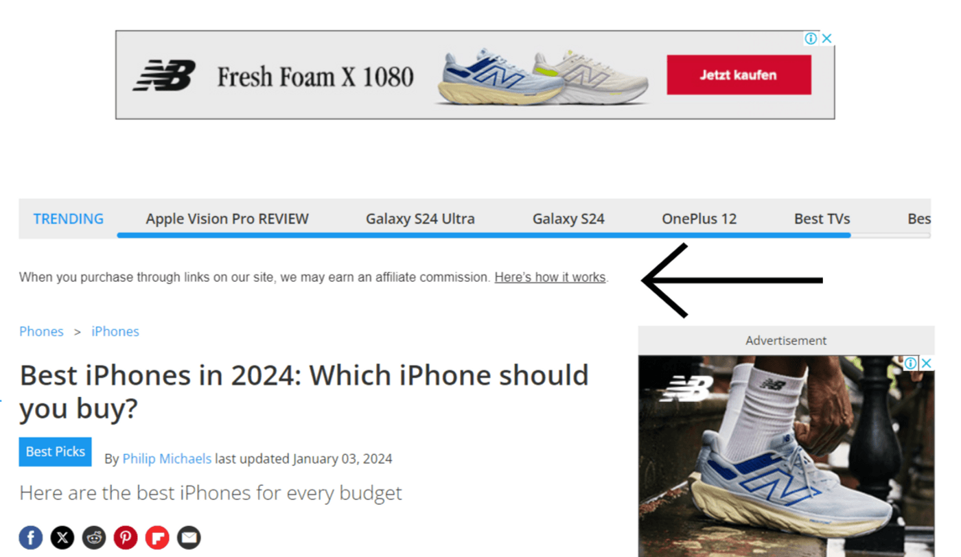 Article on best iPhones 2024 with affiliate disclaimer, trending links, and New Balance advertisements.