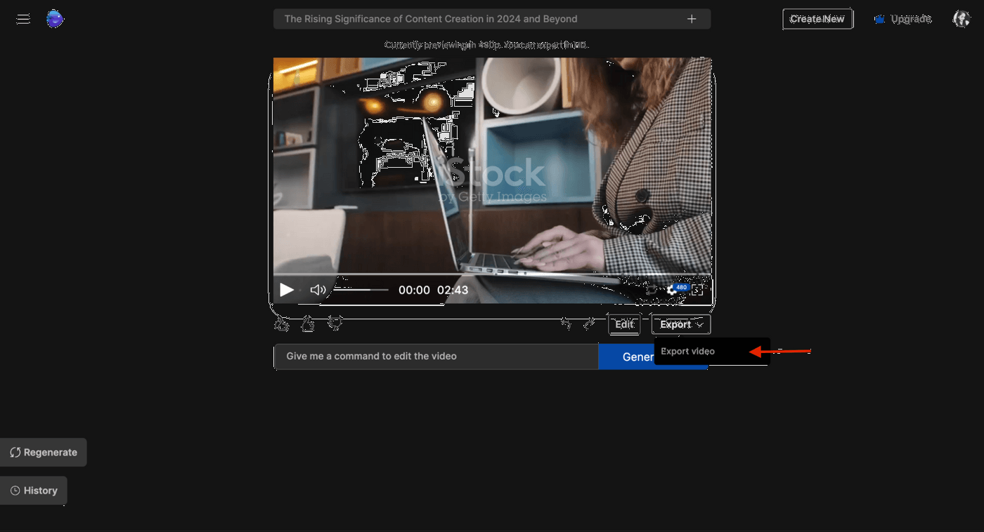 Video preview interface showing export option for a project on content creation's importance in 2024.