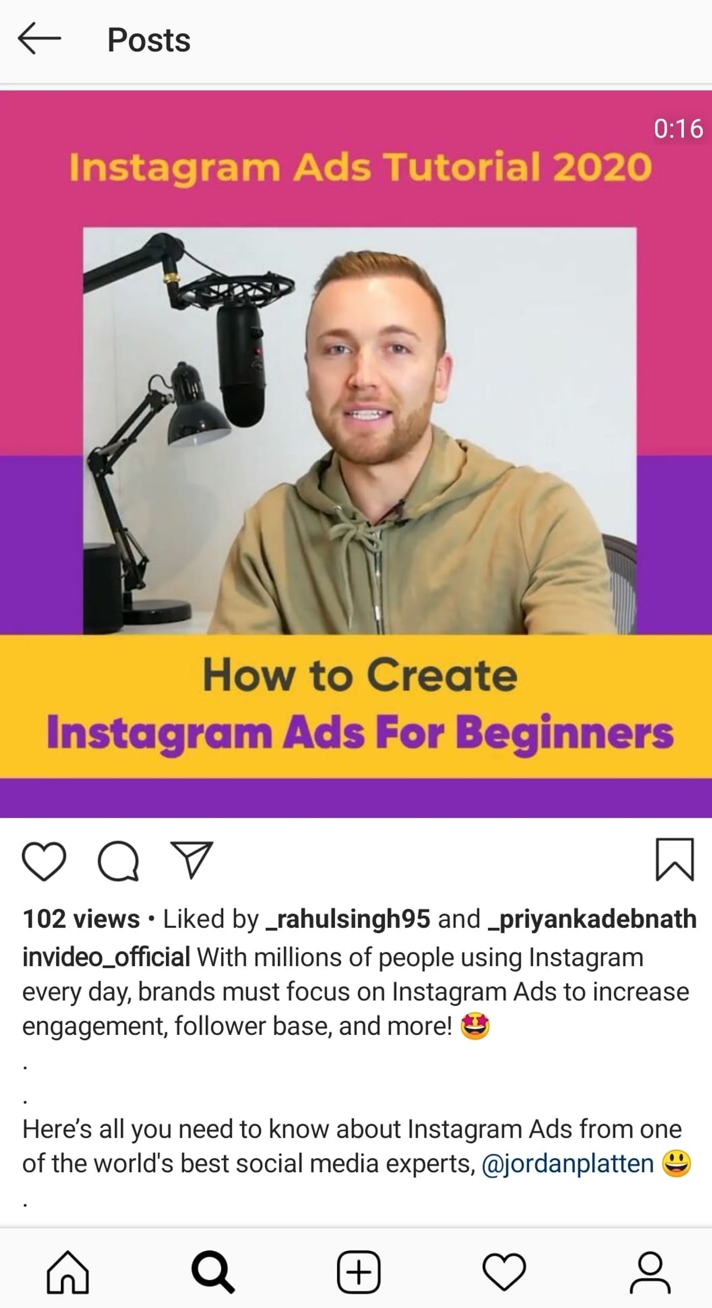 Captura de un post de instagram de InVideo sobre cómo crear anuncios en instagram