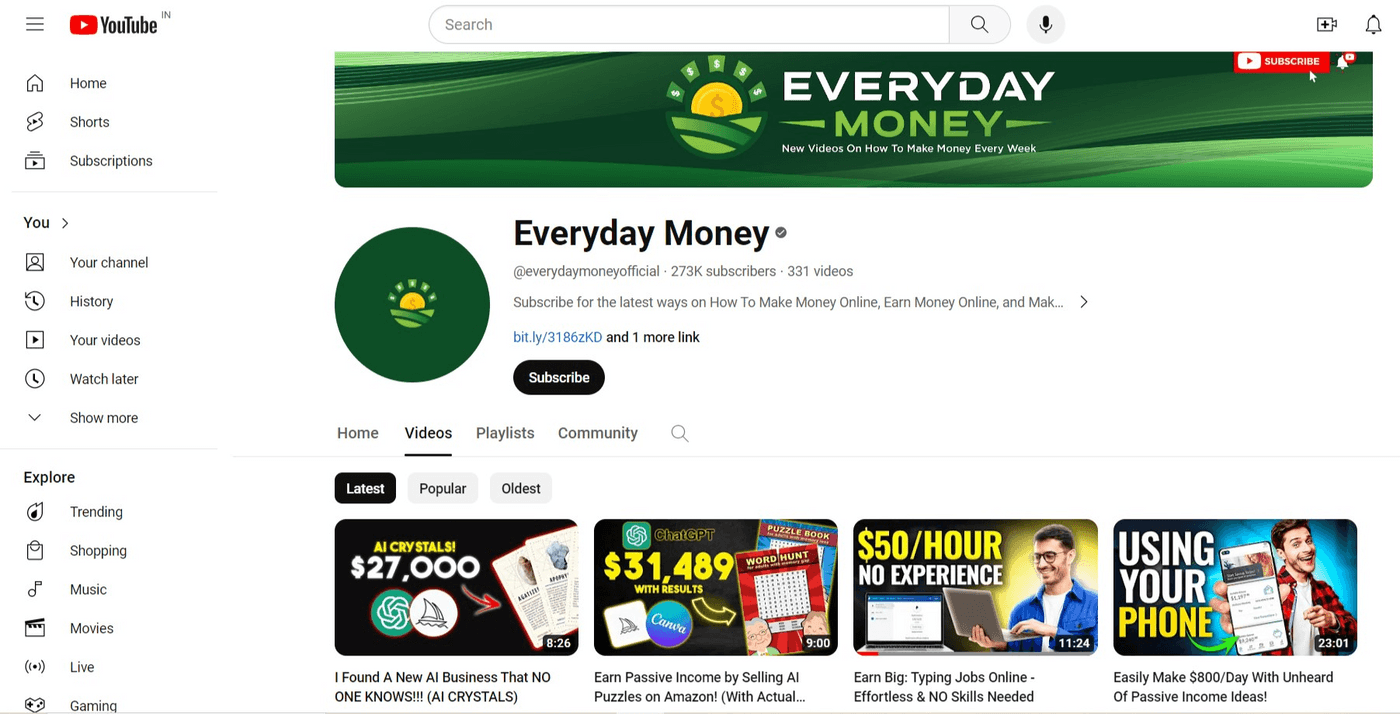 YouTube channel page of Everyday Money, featuring videos about making money online and passive income.