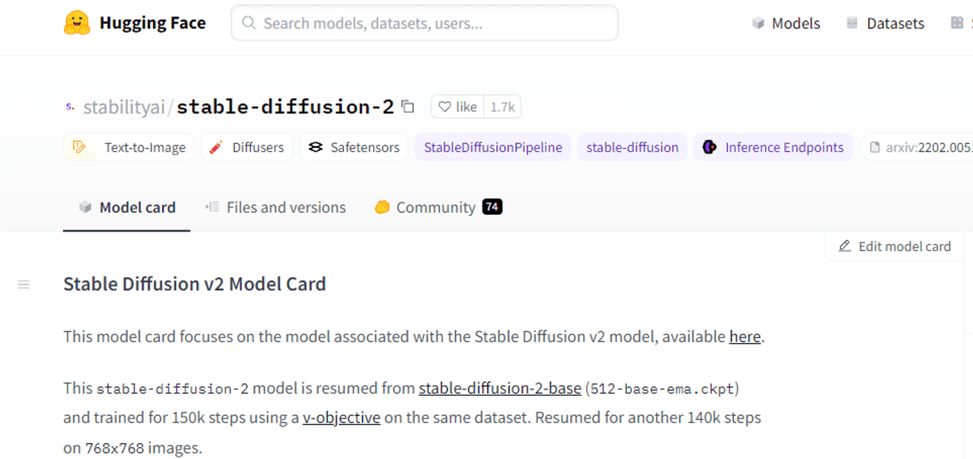 Hugging Face Stable Diffusion v2 model card with model details