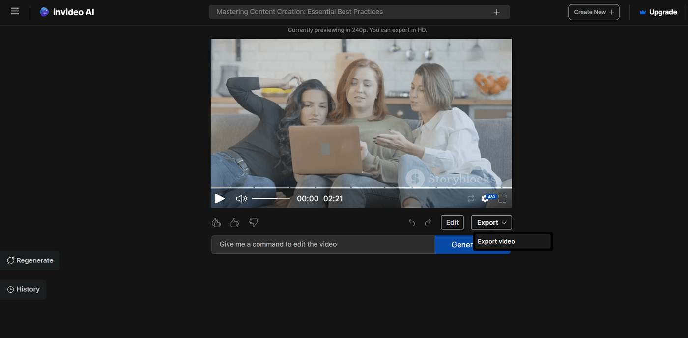Invideo AI preview screen displaying a video project with editing, generation, and export options for customization.