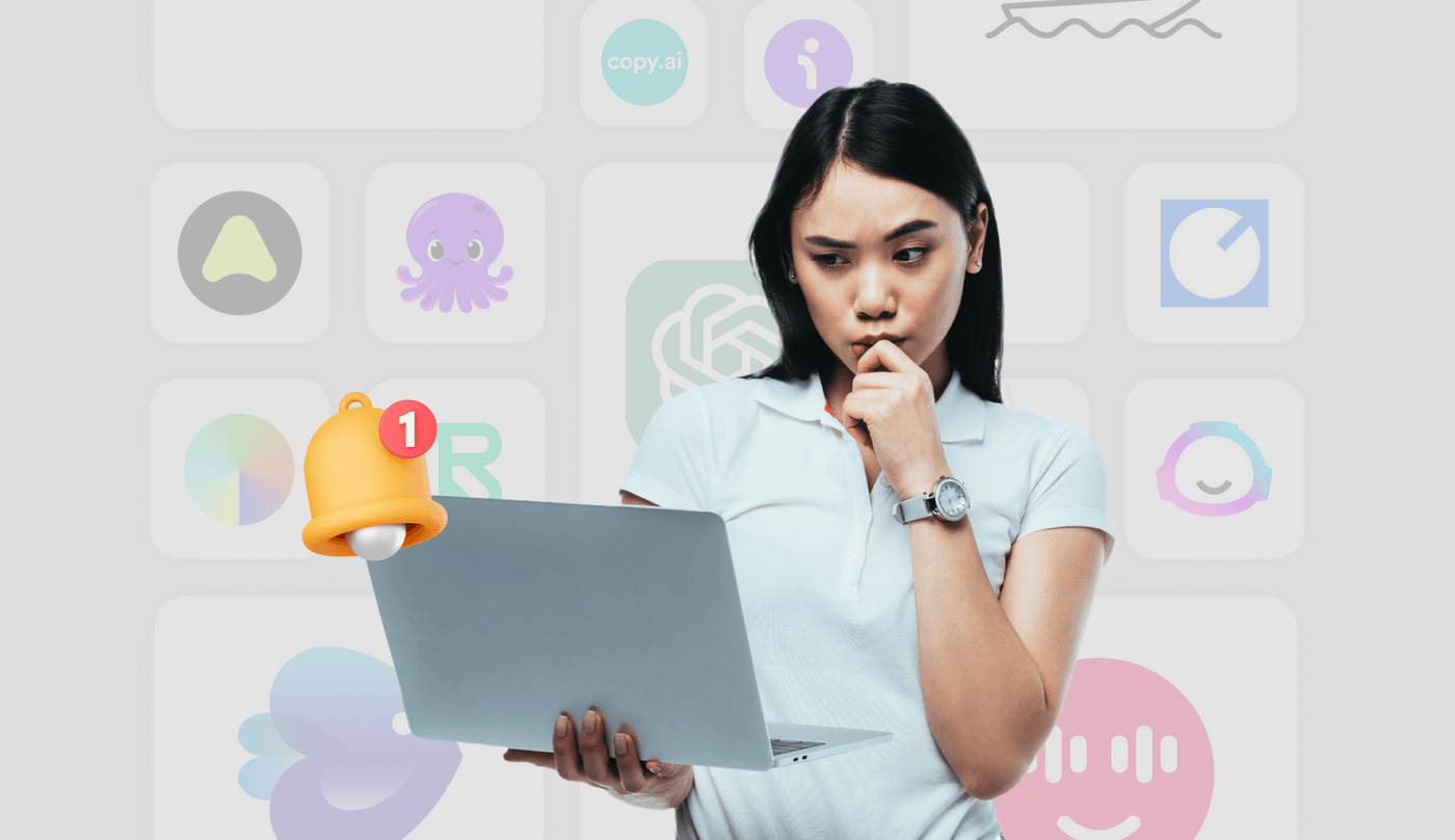 Person looking thoughtfully at a laptop with a notification bell icon and app logos.