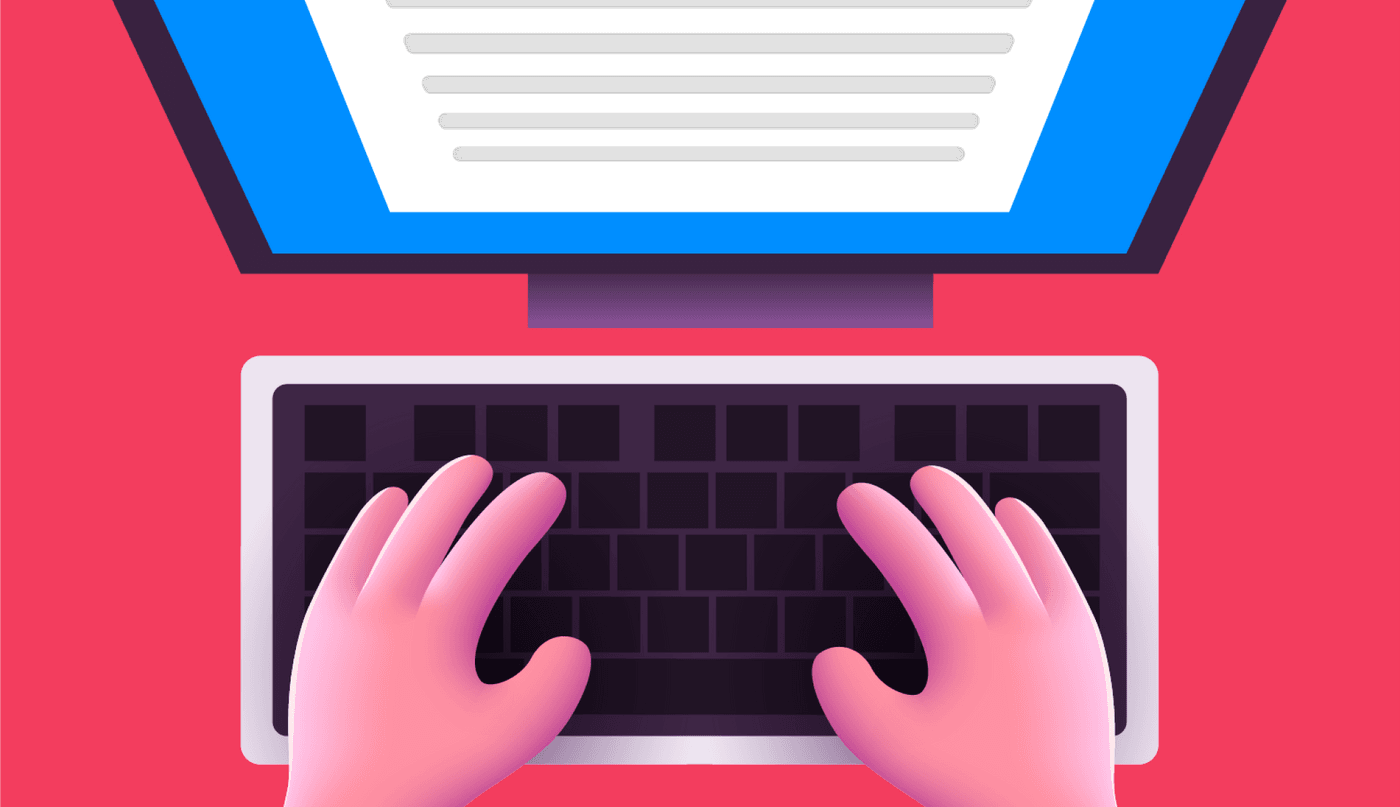 Illustration of hands typing on a keyboard with a computer screen displaying text in the background.