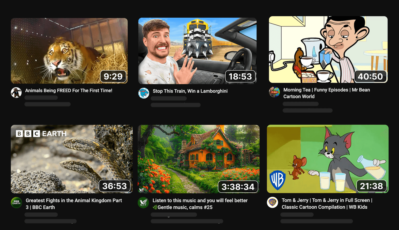 Grid view of diverse YouTube video thumbnails, including wildlife, cartoons, music, and entertaining challenges.