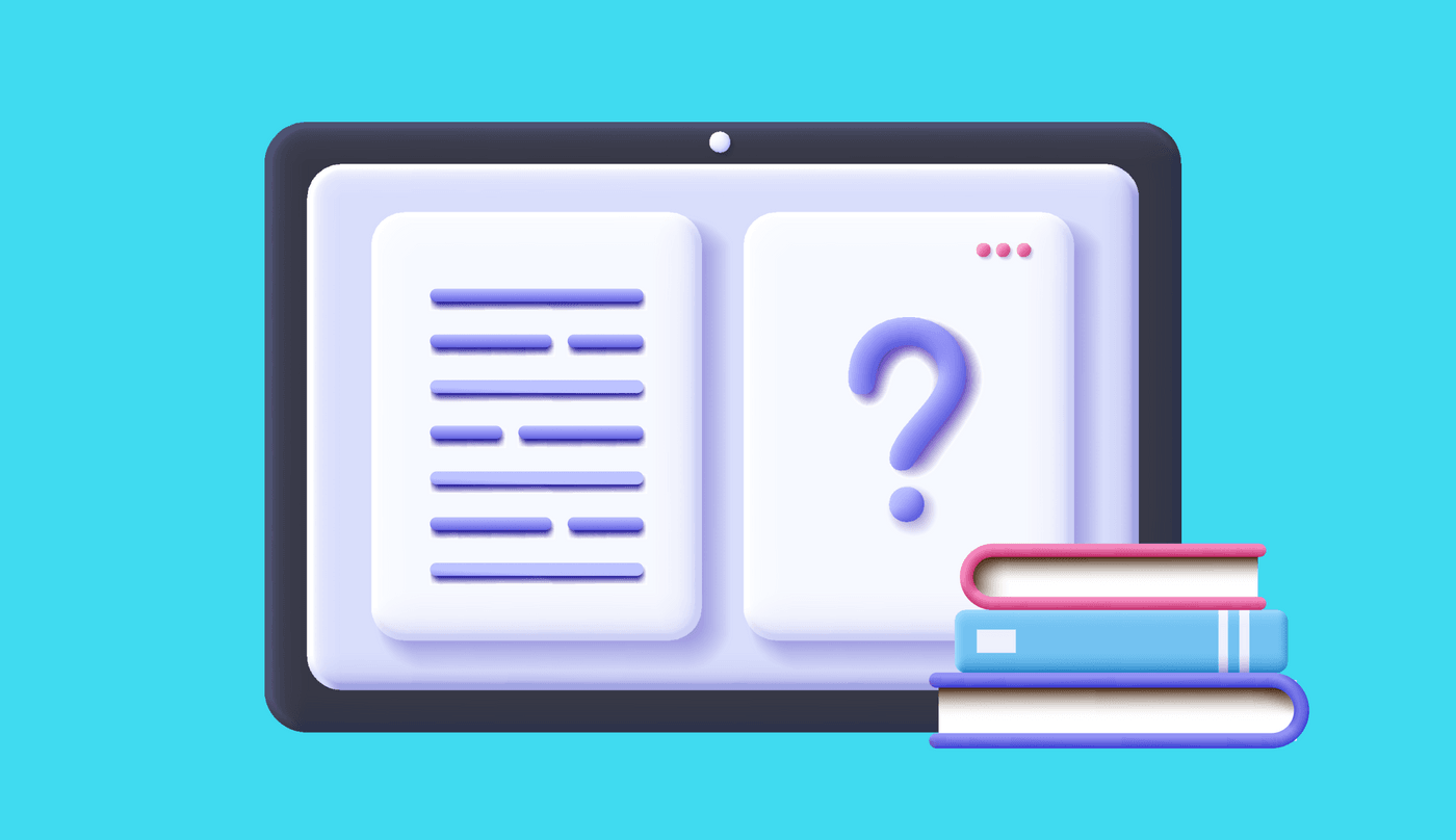 Illustration of a tablet showing text and a question mark, with books stacked beside it.