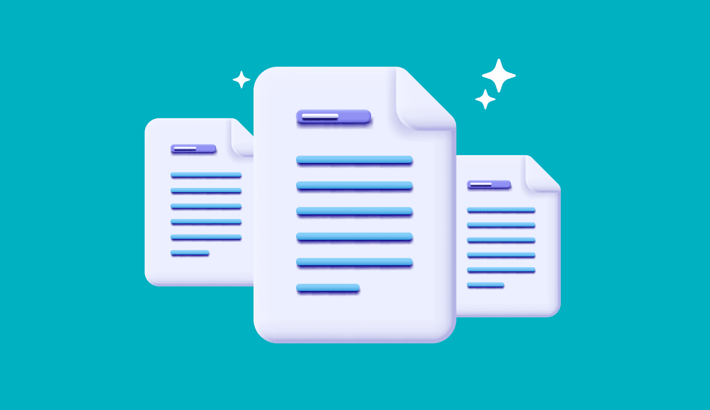 Illustration of multiple white documents with blue lines on a teal background, representing organized content.