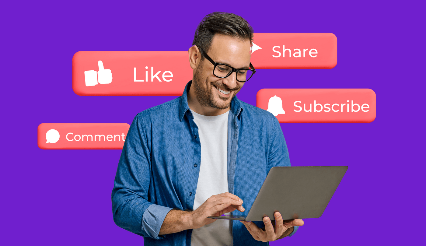Smiling man using a laptop with social media engagement icons like Like, Share, Subscribe, and Comment.
