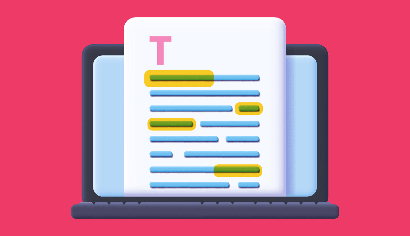 Illustration of a laptop displaying a document with highlighted text lines on a pink background.