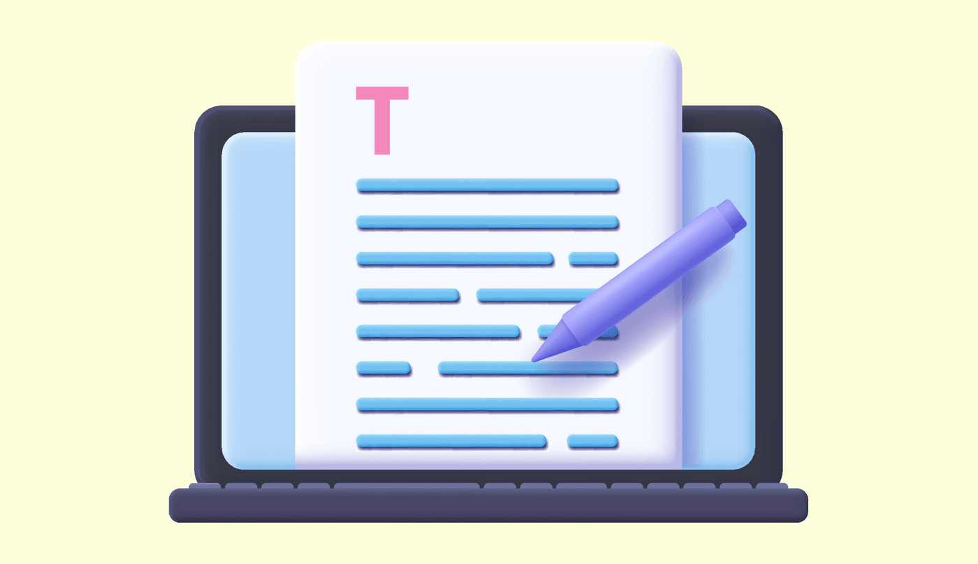Illustration of a laptop screen showing a document being edited with a purple pen.