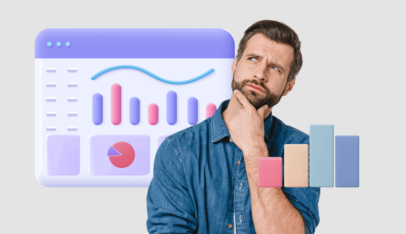 Man thinking with colorful data charts and graphs in the background, representing data analysis and insights.