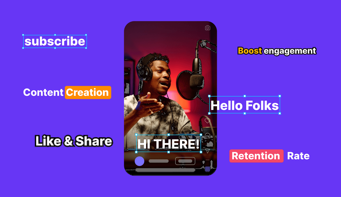 Man recording podcast in studio with microphone, text highlights like subscribe, content creation, engagement.