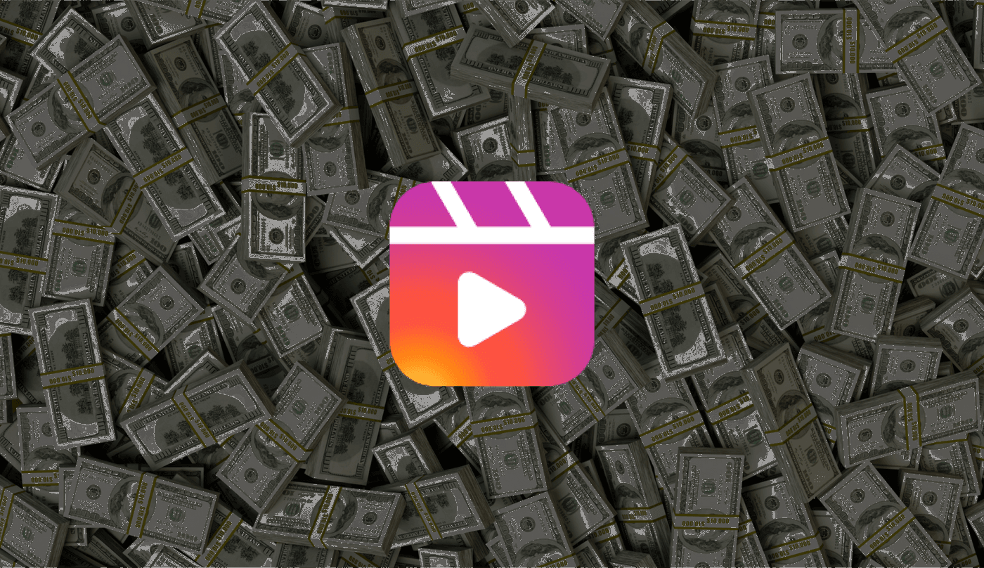 Instagram Reels logo on stacks of cash, symbolizing earning potential through video content.
