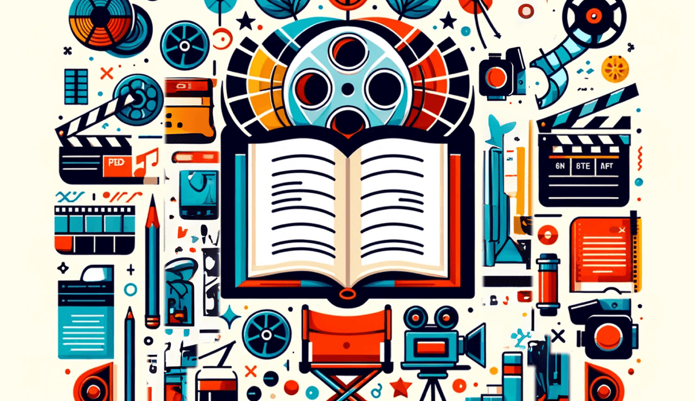 Illustration of filmmaking tools, including cameras, clapperboards, film reels, and an open book at the center.