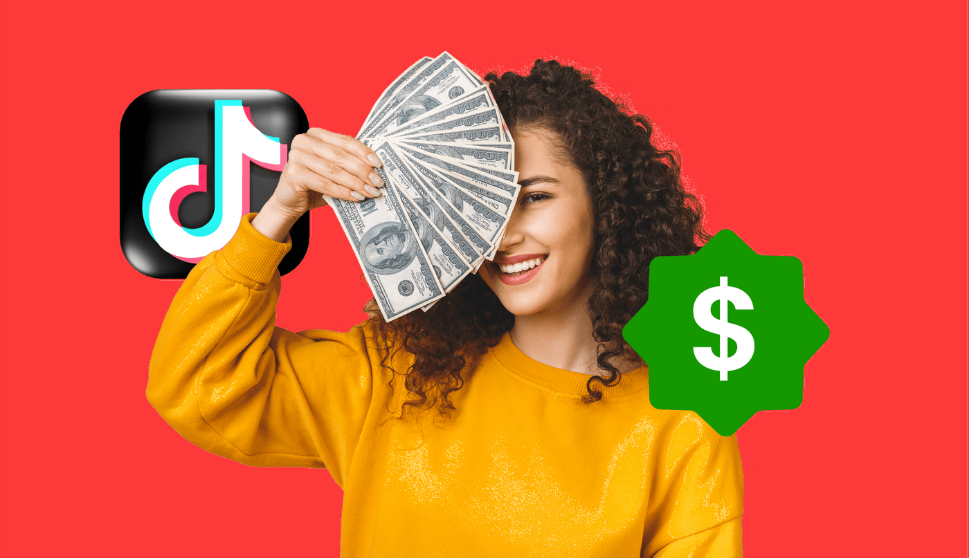 Woman in yellow dress smiling, holding dollar bills near TikTok logo and dollar icon.