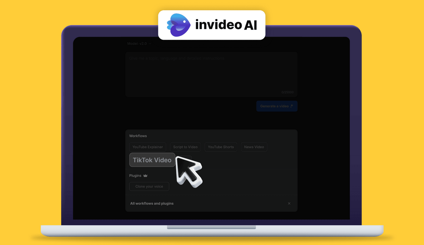 Invideo AI interface on laptop showing TikTok video workflow option, ready for video creation.