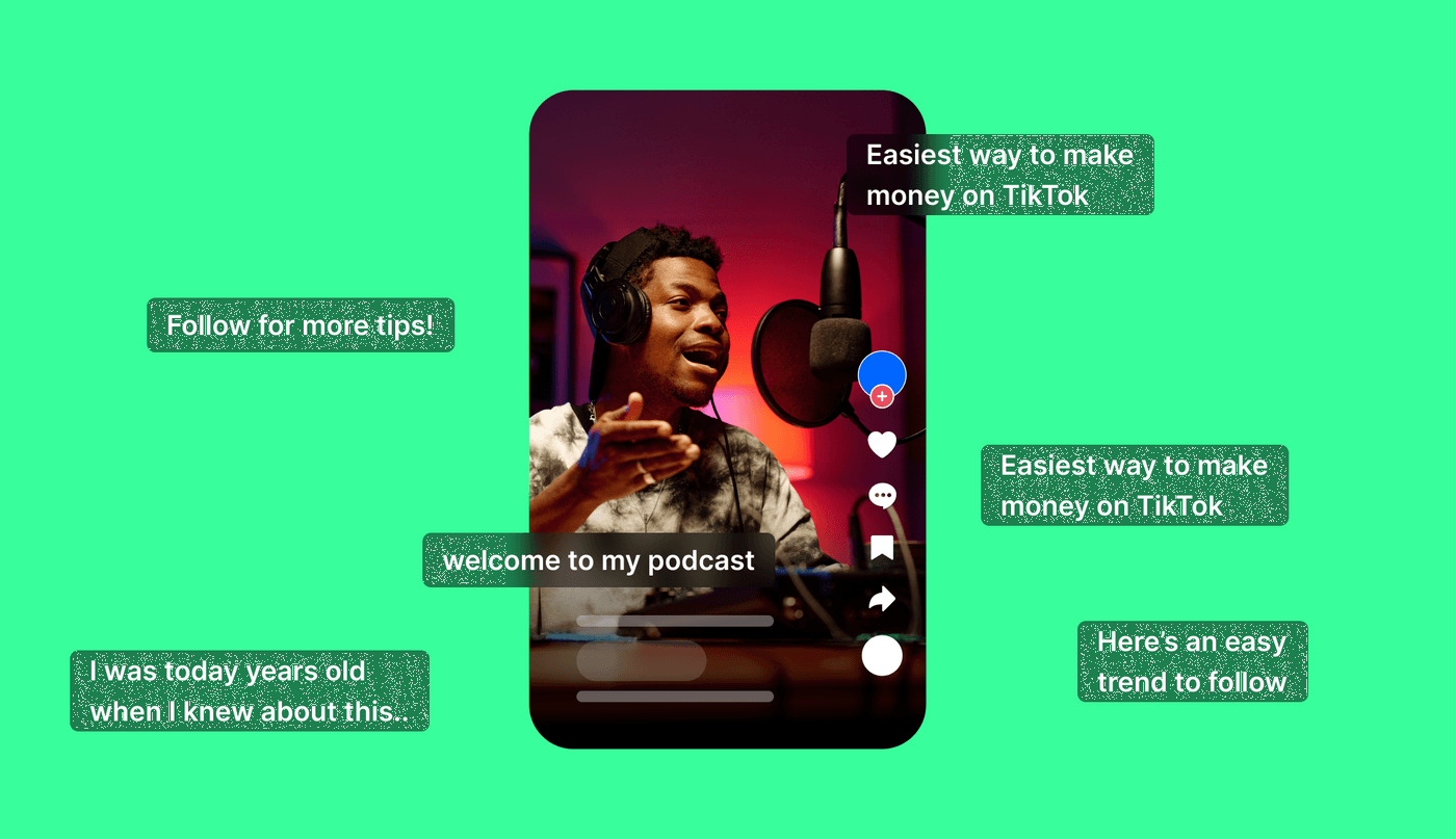Person recording a podcast on TikTok with tips displayed around the screen in text.