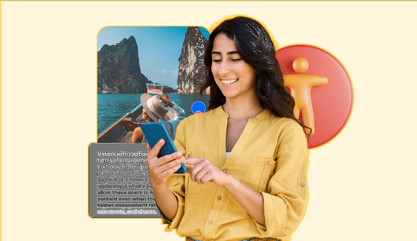 A smiling woman using her phone with a travel video and caption shown beside her.