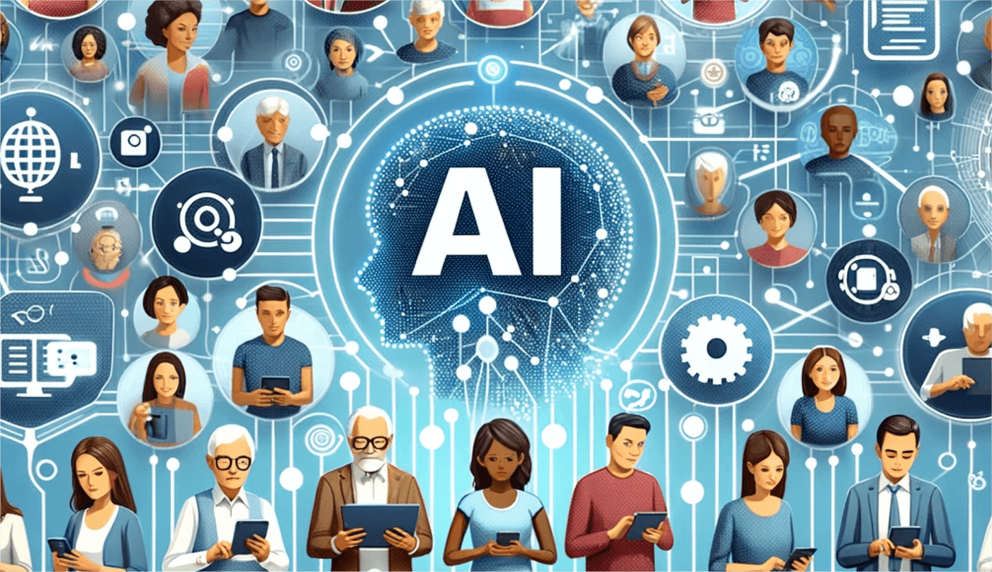 Illustration of artificial intelligence linking individuals with digital tools and networks.